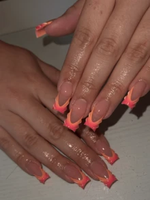 10pcs Handmade Full Cover Reusable Nail Stickers, Square Medium Size, French Manicure Red, Orange, Ombre Design, French Nail Art, Suitable For Girls And Office Workers Daily Wear, Gift, Minimalist Nail Care Nails Handmade Press On Nails - Coral Orange - View 1