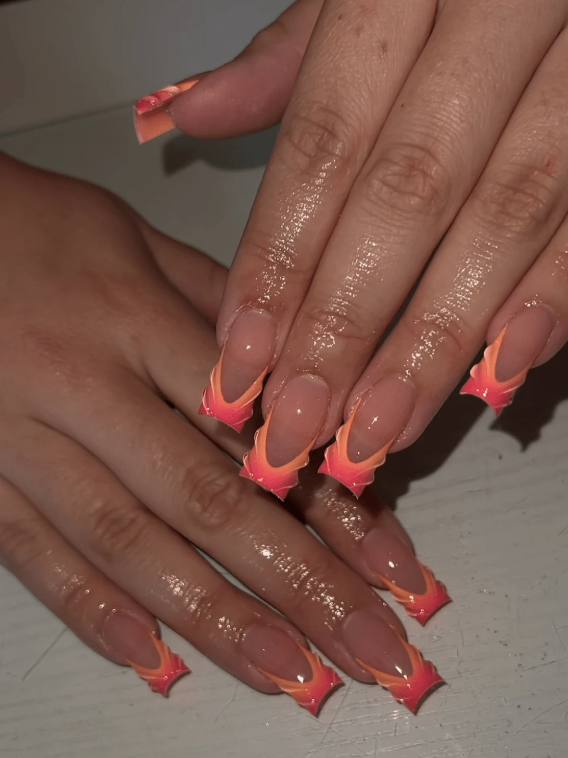 10pcs Handmade Full Cover Reusable Nail Stickers, Square Medium Size, French Manicure Red, Orange, Ombre Design, French Nail Art, Suitable For Girls And Office Workers Daily Wear, Gift, Minimalist Nail Care Nails Handmade Press On Nails - Coral Orange - View 1