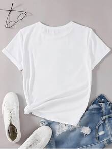 1 Women's Pure Cotton T-Shirt With Letter And Anime Print, Simple Design, Comfortable And Breathable, Suitable For Daily Casual Wear, Showing A Natural And Elegant Style, Must-Have For Summer Parties, Local Shipping, 180g 100% Cotton. - 白色 - 查看 2