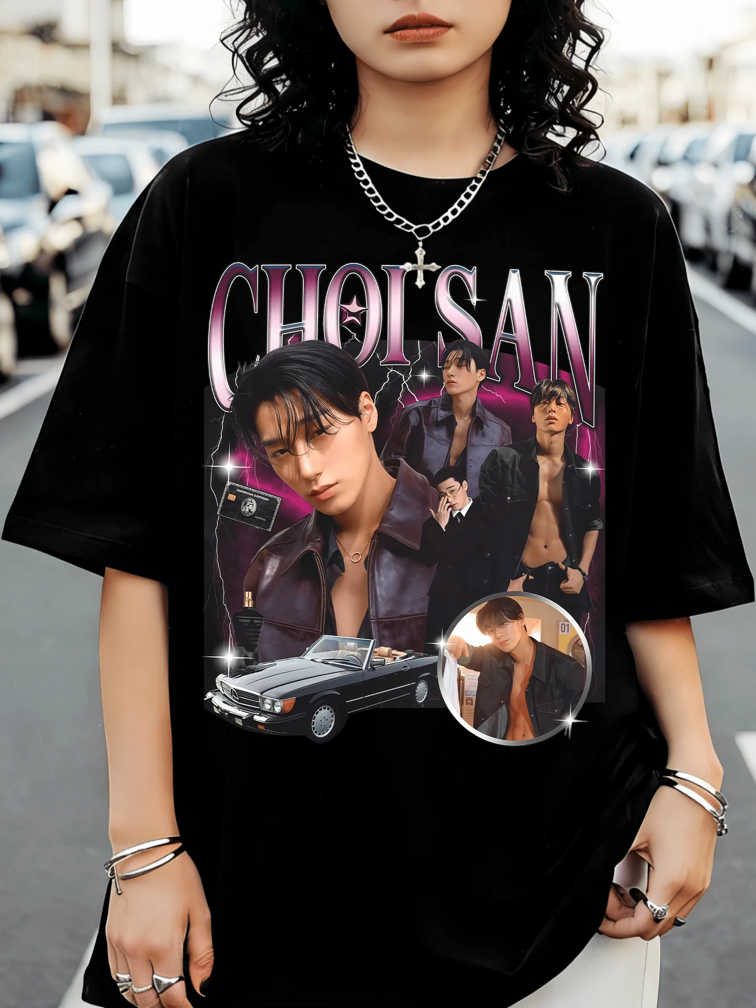 ATEEZS Choi San Bootleg Retro K-Pop Idol Black Oversized Graphic T-Shirt - 黑色 - 查看 1
