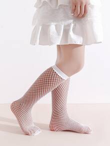 2 Pairs Girls' Rhinestone Mesh Socks, White Mid-Calf Breathable Fishnet Socks, Children's Dance/Party Versatile Princess Socks - White - View 3