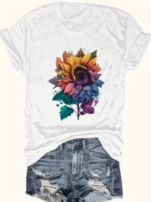 Multicolored Sunflower Symbolizing Joy, Hope, And Energy, With Petals In Vibrant Colors That Evoke The Strength Of The Sun And Natural Rebirth. A Modern And Comfortable Casual Women's T-Shirt For Everyday Wear. - 白色 - 查看 8
