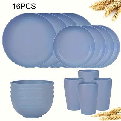 32/16pcs Wheat Straw Dinnerware Sets, Plates And Bowls Sets For 8, Black Plastic Dinnerware Sets, Microwave Dishwasher Plates, Dishes Set For 8 For Valentine'S Day, Durable Party Tableware Kit For Gifts