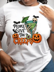 A Design Featuring A Skeletal Hand Holding A Green Cup With Smiling Pumpkins, Bats, And Skulls Creates A Fun And Mysterious Halloween-Inspired Scene. Women's Casual T-Shirt With Artistic Print - 白色 - 查看 6
