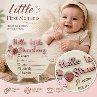 1 Set Super Cute Personalized Strawberry Wooden Baby Milestone Markers, Suitable For Baby Girls, Can Be Used For Pregnancy Announcement, Newborn Birth Announcement, And Baby Growth Memento, Ideal For Nursery Decor, Baby Shower Gifts, Also Suitable As Baby Shower Or Baby Party Favors