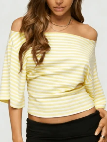 Off Shoulder Top For Women Straight Neckline Fitted Short Sleeve Ruched Blouse - Yellow - View 3