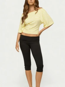 Off Shoulder Top For Women Straight Neckline Fitted Short Sleeve Ruched Blouse - Yellow - View 5