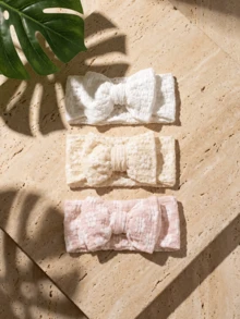 3 Packs Boho Eyelet Baby Headbands - Breathable Stretchy Big Bows For Girls - Soft Neutral Vintage Hairbands - Newborn Photo Props & Shower Gift - Multicolor - View 2
