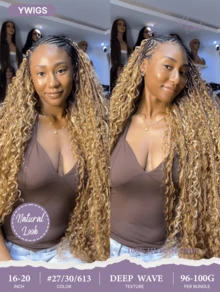 Y WIGS Extensiones de cabello trenzado de onda profunda bohemia 100% virgen, cabello a granel suelto sin costuras de 100g adecuado para mujeres con cabello fino, 16-20 pulgadas, #27/30/613 - Multicolor - Ver 2