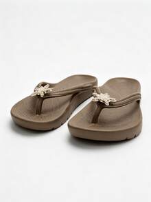 Unisex Flip Flops With Arch Support, Solid Color Beach/Home Slippers, Suitable For Spring, Summer, Autumn - Brown-star Shoe Flower - View 6