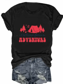 Women's Grey "Adventure Moment" Print T-Shirt, Relaxed And Modern Fit With Printed Short Sleeves, Casual Round Neck Top, Suitable For Summer Camps, Outdoor Activities And Holidays, With Inspirational Phrases, Comfortable And Loose Style. New Arrivals For Summer. - 黑色 - 查看 9