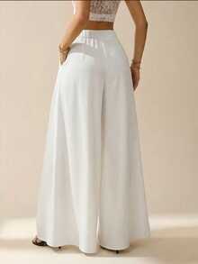 Women's Casual Solid Color Mid-Waist Wide Leg Pants, With Zipper, Pocket Details, Fashionable Versatile Wide Leg Pants - Off White - View 4