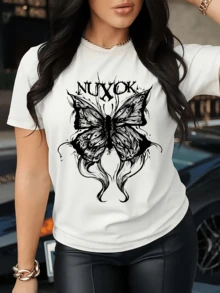 Dark Butterfly With Outstretched Wings Symbolizes Transformation, Inner Power, And Rebirth Amidst Modern Feminine Strength. Elegant Casual Women's T-Shirt For Everyday Wear - 白色 - 查看 6
