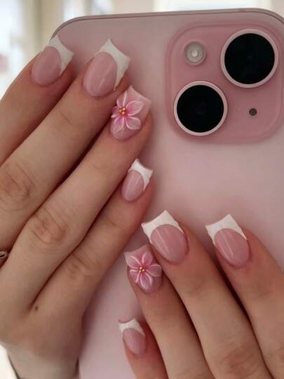 24pcs White & Pink 3D Flower Petal Square/Round Acrylic False Nails, Cute Nail Art Set With 1pc Gel Polish & 1pc Nail File, Suitable For Women Daily, Date, Party