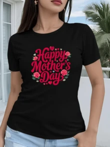 A Phrase Expressing Love And Gratitude Towards Mothers, Surrounded By Hearts And Red Roses Symbolizing Affection And Tenderness, Perfect For Celebrating Their Special Day. A Comfortable And Modern Casual Women's T-Shirt. - 黑色 - 查看 1
