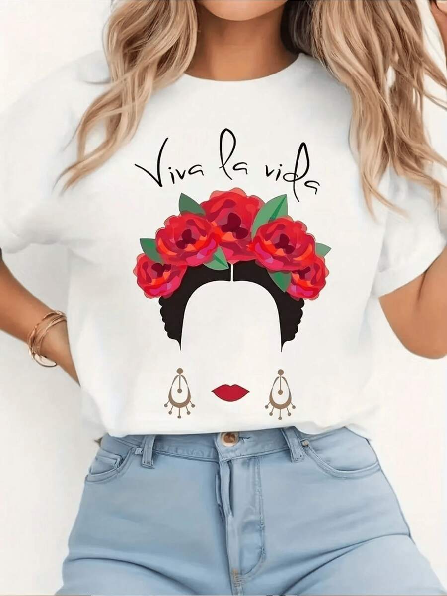 A Woman's Face Adorned With Red Flowers Symbolizes Strength, Joy, And Love For Life, Accompanied By Red Lips That Express Passion And Freedom. A Modern, Comfortable, Casual Women's T-Shirt For Summer. - 白色 - 查看 1