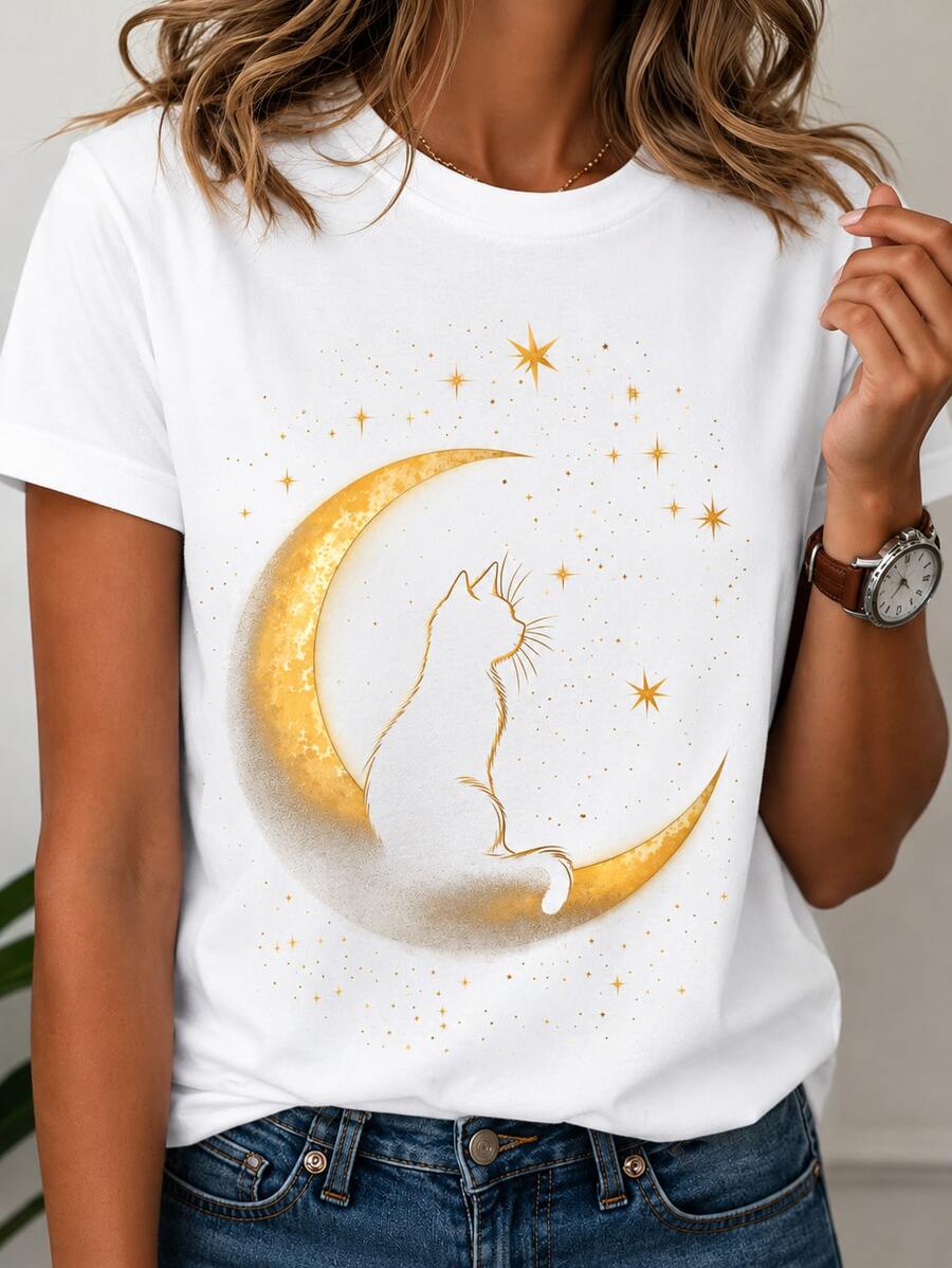 Women's 100% Cotton Casual Unisex Shirt With Cat And Moon Print, Round Neck, Comfortable Summer Style! - 白色 - 查看 1