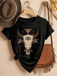 Cráneo de toro con símbolos tribales que evocan fuerza espíritu libre y conexión con la naturaleza camiseta de mujer casual moderna cómoda para uso diario - Negro - Ver 1