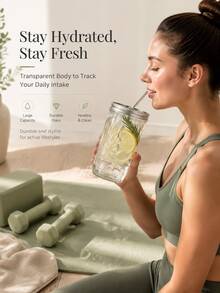 1 Piece (Set) Large-Capacity Heat-Resistant Transparent Glass Mason Jar (With Lid And Straw), Suitable For Boba Milk Tea, Coffee, Juice And Cold Drink - 無色 - 查看 2