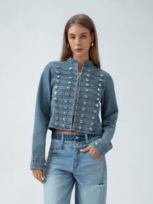 HZXVIC Áo khoác denim ngắn thời trang đường phố cổ đứng cài kim loại kiểu dáng retro mới dành cho nữ - Rửa trung bình - Xem 5