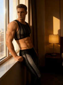 Bộ đồ 2 món lưới mắt cáo sọc cho nam - Áo crop top khoét rỗng & Quần brief cạp vừa, nội y gợi cảm khiêu khích cho nam - màu đen - Xem 3