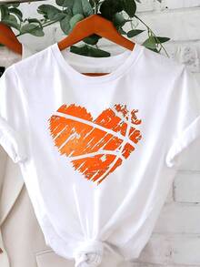 1 camiseta de mujer de talla grande, estilo casual y a la moda, con cuello redondo, para primavera/verano, con estampado de baloncesto en forma de corazón, 180g 100% algodón, que simboliza el amor y la energía por el baloncesto. - Blanco - Ver 1