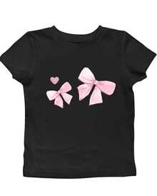 Two Pink Ribbons Next To A Small Heart Symbolize Tenderness And Affection, Conveying A Sweet And Feminine Feeling That Highlights Casual Elegance In Every Outing. This Comfortable And Modern Women's T-Shirt Is Ideal For Everyday Wear. - 黑色 - 查看 8