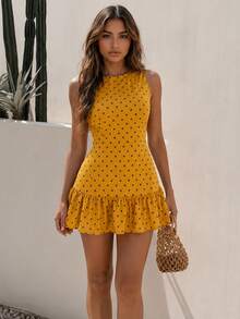 Vestido de lunares retro francés marrón para mujer 2026, vestido de vacaciones elegante con volantes en el bajo y efecto estilizante - Multicolor - Ver 2