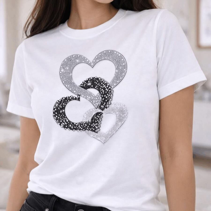 Women's T-Shirt With Intertwined Hearts Print, Textured Glitter Effect, Glam Chic Style, Simulated Rhinestone Details - White - View 1