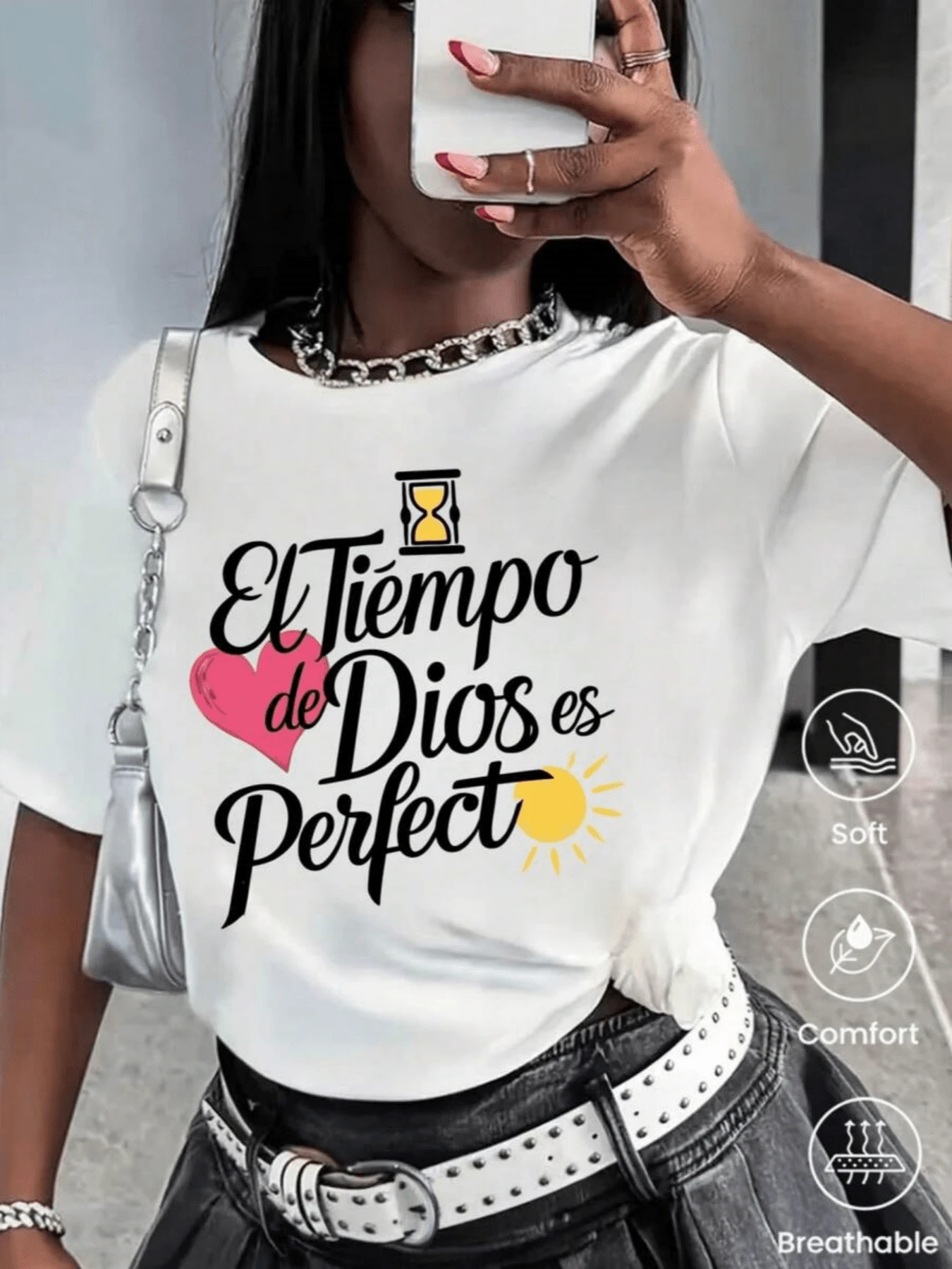 Reloj de arena con corazón y sol que simboliza la fe en el tiempo perfecto y la esperanza luminosa camiseta de mujer casual cómoda y transpirable - Blanco - Ver 1
