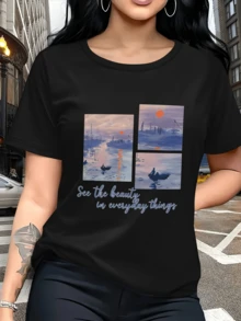 Seascape With Reflections Of The Setting Sun That Inspires Calm And Recalls The Hidden Beauty In Everyday Moments. Comfortable Women's T-Shirt For Daily Wear, Modern And Elegant. - 黑色 - 查看 6