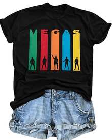 Human Figures Projected Onto Multicolored Vertical Bars That Form The Word VEGAS Convey Energy, Fun, And Nightlife, Inspiring Modern Joy And Confidence. Comfortable And Lightweight Urban Casual Women's T-Shirt - 黑色 - 查看 1