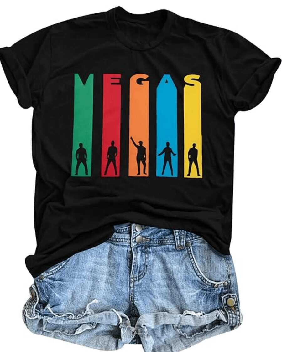 Human Figures Projected Onto Multicolored Vertical Bars That Form The Word VEGAS Convey Energy, Fun, And Nightlife, Inspiring Modern Joy And Confidence. Comfortable And Lightweight Urban Casual Women's T-Shirt - 黑色 - 查看 1