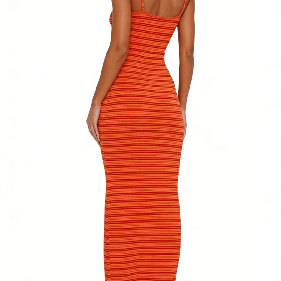 Y2K Knitted Mini Dress, Pink Striped Pattern Slim Fit, Elegant Summer Vacation Streetwear Club Wear - Orange - View 1