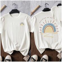 100% Cotton Casual Short-Sleeve Blouse With "Sunshine In My Heart" Graphic, Graphic Tee, Outerwear, Printed Design, Summer Tee, Summer Blouse, Vacation Outfit, Travel Style, Beach Vibe, Minimalist Resort Wear In White - 白色 - 查看 1