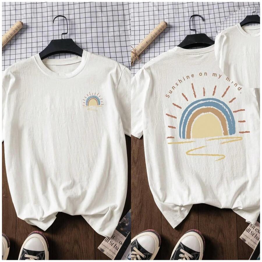 100% Cotton Casual Short-Sleeve Blouse With "Sunshine In My Heart" Graphic, Graphic Tee, Outerwear, Printed Design, Summer Tee, Summer Blouse, Vacation Outfit, Travel Style, Beach Vibe, Minimalist Resort Wear In White - 白色 - 查看 1