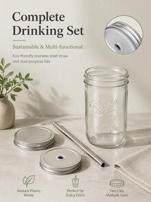 1 Piece (Set) Large-Capacity Heat-Resistant Transparent Glass Mason Jar (With Lid And Straw), Suitable For Boba Milk Tea, Coffee, Juice And Cold Drink - 無色 - 查看 3