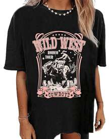 Wild West Scene With A Rider Facing The Strength Of The Horse Symbolizing Freedom, Adventure And Rebellious Spirit Under A Sky Full Of Stars. Comfortable Casual Women's T-Shirt For Everyday Wear - 黑色 - 查看 8