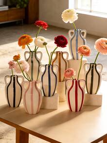 Cabin Kangaroo 1pc Colorful Striped Ceramic Vase With Handles, Hand-Painted Double-Ear Flower Vase, Modern Home Decor Vase Suitable For Living Room, Bedroom, Entrance, Office Desk, Centerpiece, Gift - Multicolor - View 9