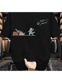 Men's Dinosaur Adventure Graphic T-Shirt - Vintage Hip Hop Design, Comfortable And Lightweight, Made Of 100% Polyester, Bright Print, Crew Neck, Short Sleeves For Summer, Hip Hop Tee - 黑色 - 查看 1