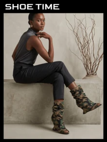 Women's Slouch Mid Calf Peep Toe Wedge Boots Fashion Ruched Pull On Dress Booties - Kamuflase - View 2