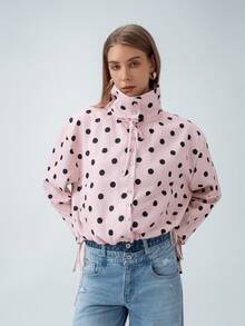 HZXVIC Women's New Style Pink Polka Dot Stand Collar Drawstring Casual Jacket, Suitable For Street Wear And Daily Wear - Pink - View 4