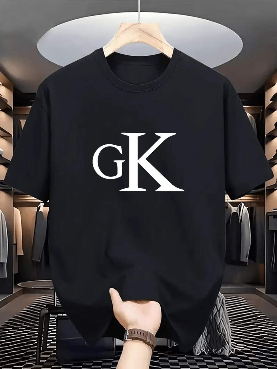 Men's T-Shirt With "GK" Letter Print Pattern - Casual Crew Neck Short Sleeve T-Shirt, Essential Summer Activewear, Machine Washable, New 2026 Style With Lightweight, Breathable, And Quick-Drying Fabric, Perfect For Travel, Beach Outings, And Commuting. - 黑色 - 查看 1