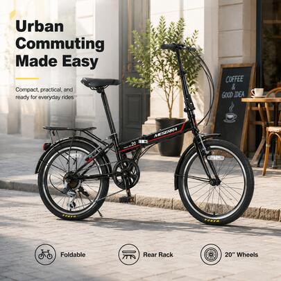 20-Inch Folding Bicycle, High-Strength Carbon Steel Shock-Absorbing Frame, Rack, Fender, 4 Bright Colors, Commuter Bike For Campus, Work, Gift