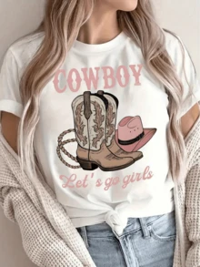 Cowboy Boots With Pink Hat And Rope That Evoke The Free Spirit Of The West And Modern Feminine Strength; Comfortable Casual Women's T-Shirt For Everyday Wear - 白色 - 查看 8