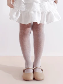 3 Pairs Girls' Rhinestone Fishnet Tights, Black/White/Skin Tone, Children's Breathable Hollow Rhinestone Stockings, Party Princess Style - Multicolor - View 6