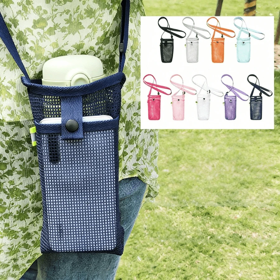 9 Colors Available, This Outdoor Portable Mesh Water Bottle Phone Crossbody Bag Is Made Of Breathable And Durable Nylon Mesh Fabric, With Adjustable Shoulder Strap And Snap Closure Design, Can Securely Hold Phone. Suitable For 500-750ml Water Bottles. - Multicolor - View 1