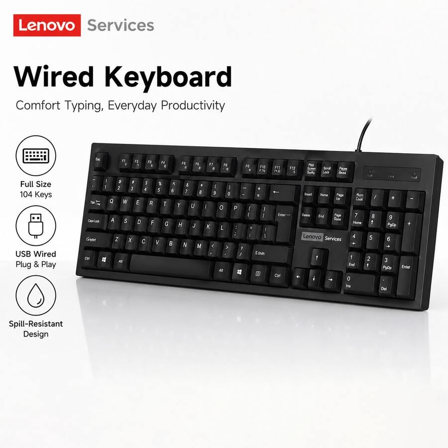 Lenovo 联想 K280 USB 有线键盘 104 键全布局 | 标准办公电脑键盘带数字小键盘 | 即插即用，适用于笔记本电脑和台式机 - 查看 1