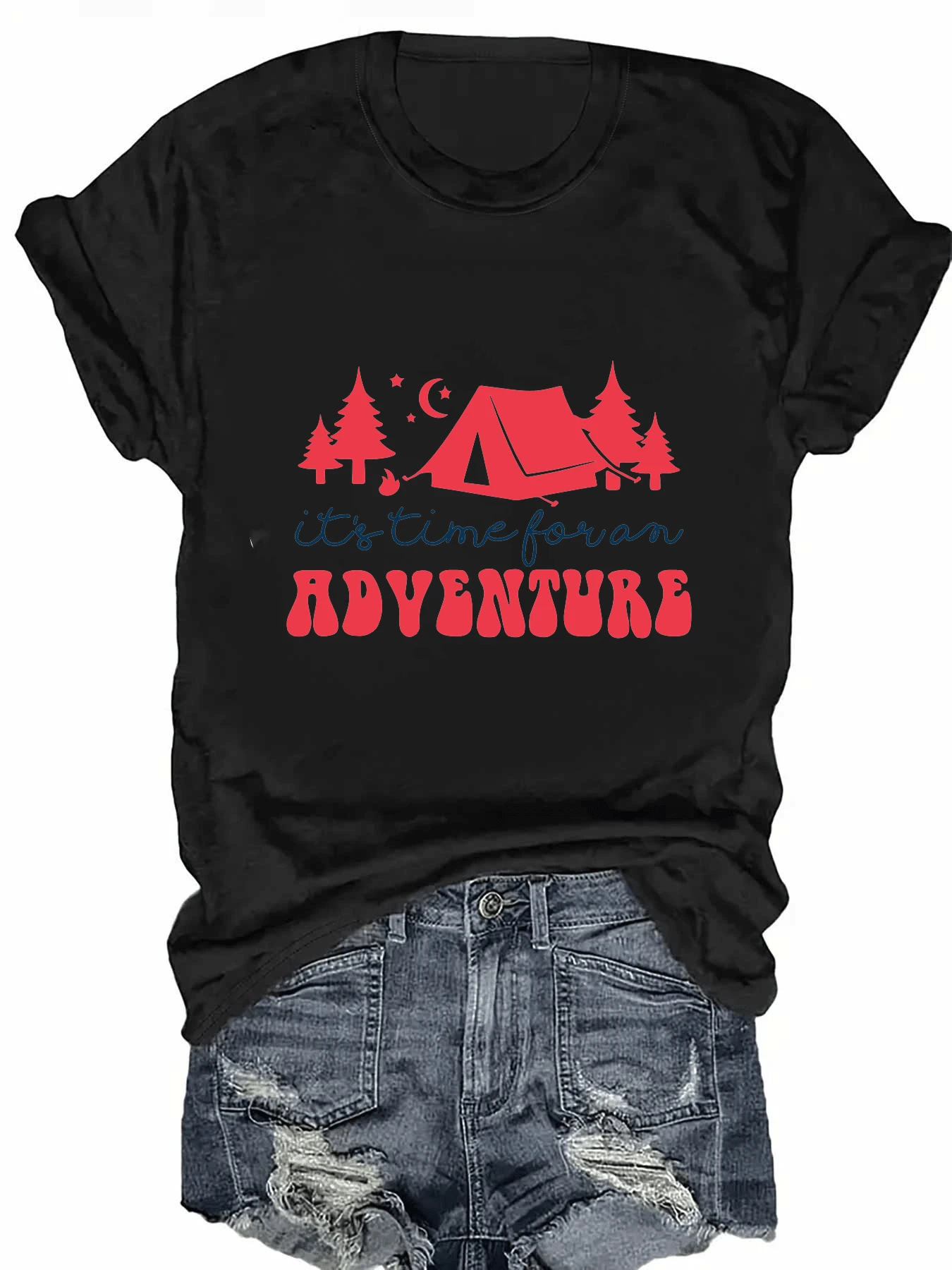 Women's Grey "Adventure Moment" Print T-Shirt, Relaxed And Modern Fit With Printed Short Sleeves, Casual Round Neck Top, Suitable For Summer Camps, Outdoor Activities And Holidays, With Inspirational Phrases, Comfortable And Loose Style. New Arrivals For Summer. - 黑色 - 查看 1