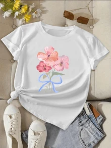 A Bouquet Of Pink Flowers Tied With A Blue Ribbon Symbolizes Tenderness, Hope, And Joy-Perfect For Reflecting A Delicate And Optimistic Spirit. A Comfortable And Cool Casual Women's T-Shirt For Everyday Wear. - 白色 - 查看 1